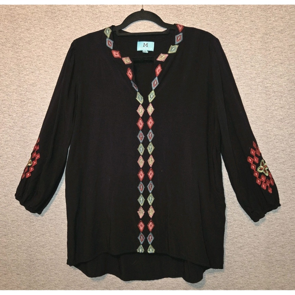 South Main Embroidered Bohemian Blouse Black Cotton Floral Shirt Women's XXL Top